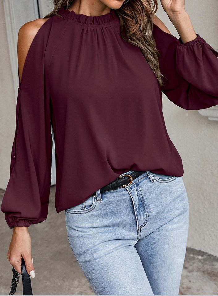 Round Neck Long Sleeve Pleated Off Shoulder Blouse