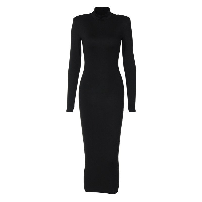 Long Fitted Dress With Shoulder Pads And Long Sleeves