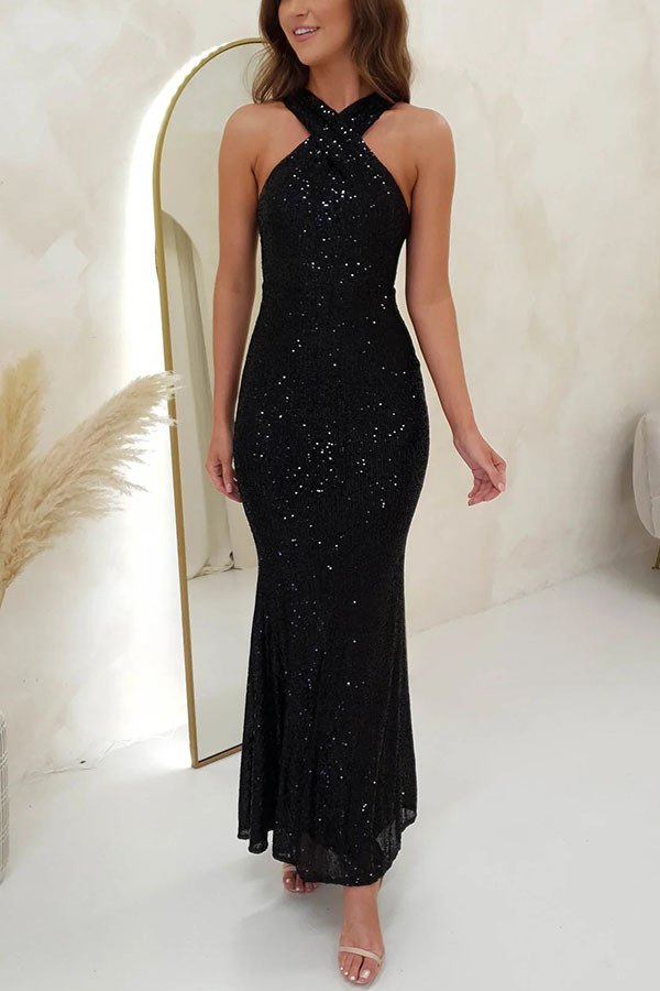 Halter Neck Sleeveless Sequin Dress