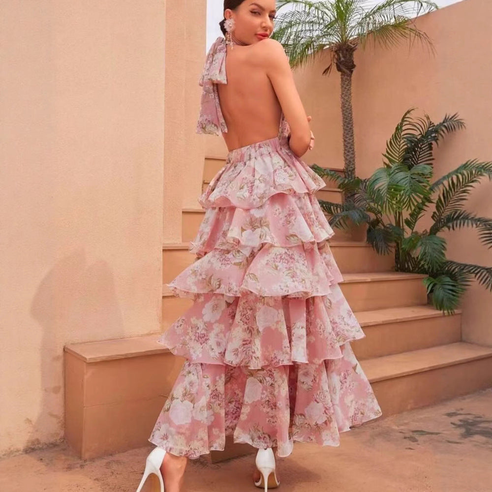 V-neck camisole multi-layer printed dress