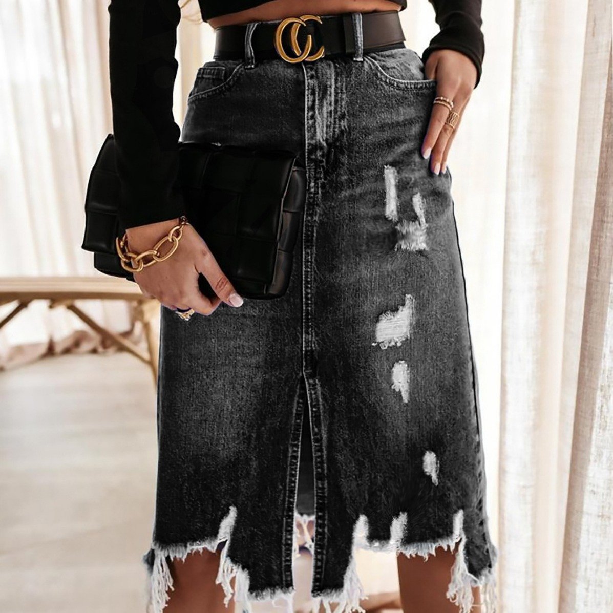 Denim Skirt With Fringes