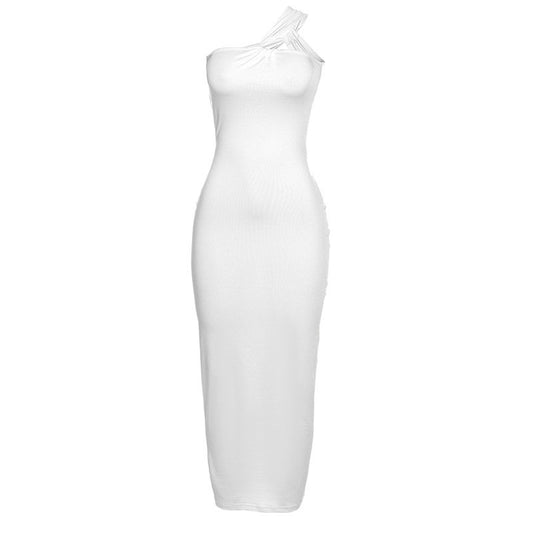 Slanted Shoulders Open Back Dress