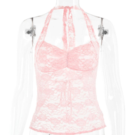 Sheer Halter Neckline T-shirt With Sewn Lace