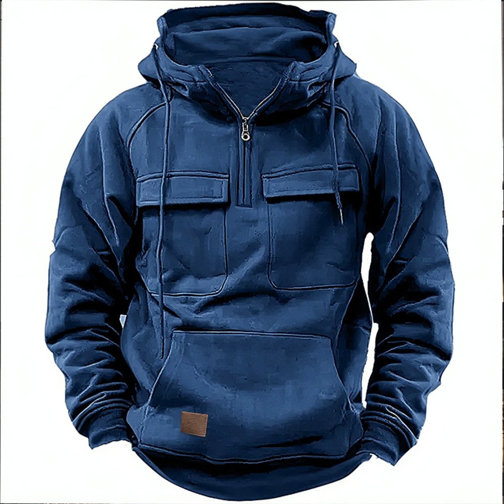 Sweater With Solid Color Hood And Multiple Pockets