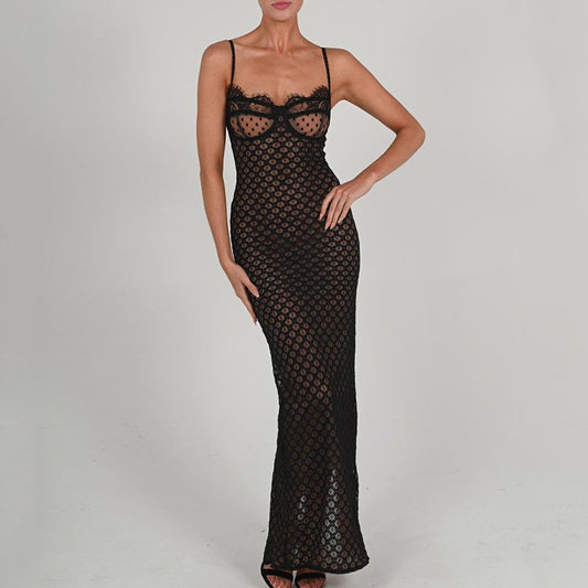 Belle Long Fitted Dress With Shoulder Straps And Back Leg Opening