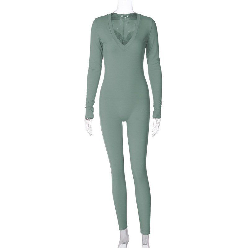 Solid Color Slim Fit Sports Long Sleeve Jumpsuit