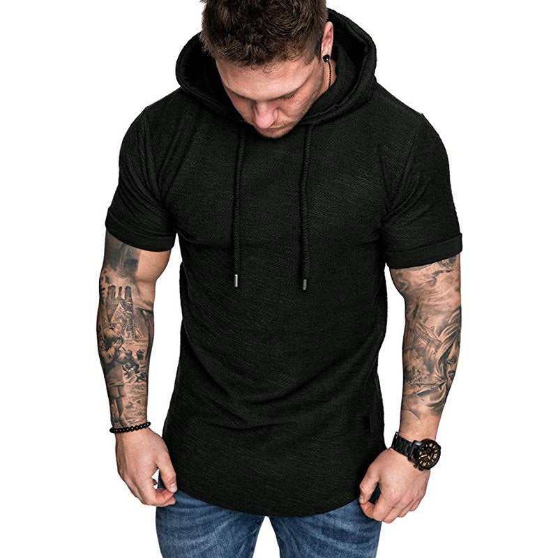 Men's casual solid color hooded T-shirt casual sports