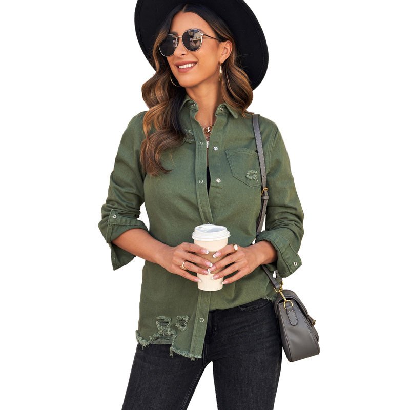 Long Sleeve Jacket With Distressed Long Sleeve Solid Color