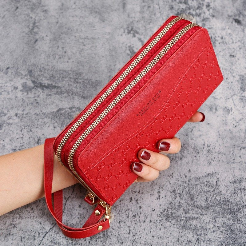 Large Capacity Double Zipper Wallet Solid Colors