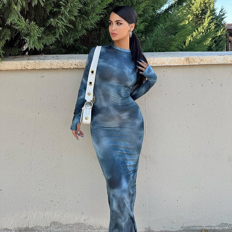 Long Tight-fitting Dress With Printed Long Sleeves