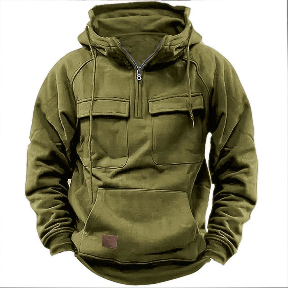 Sweater With Solid Color Hood And Multiple Pockets