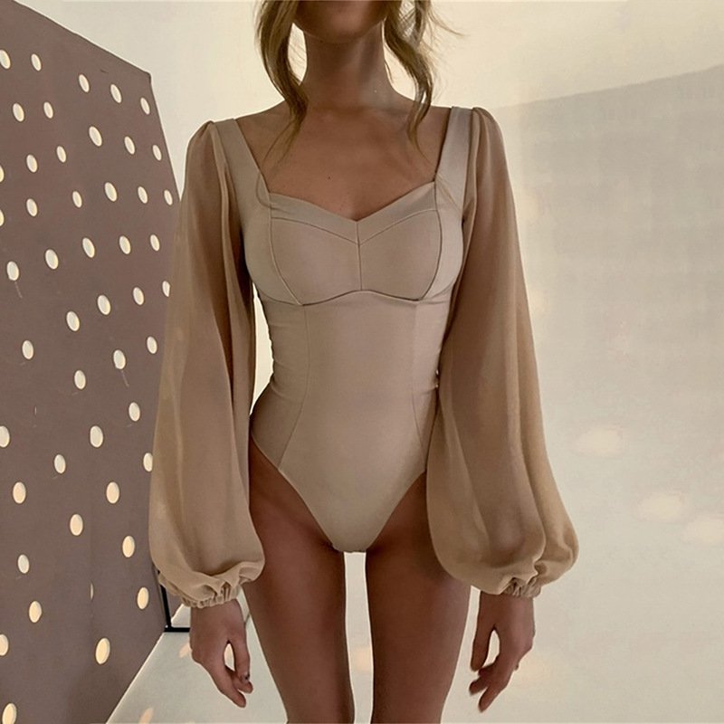 Bodysuit With Square Neckline And Wide Transparent Sleeves