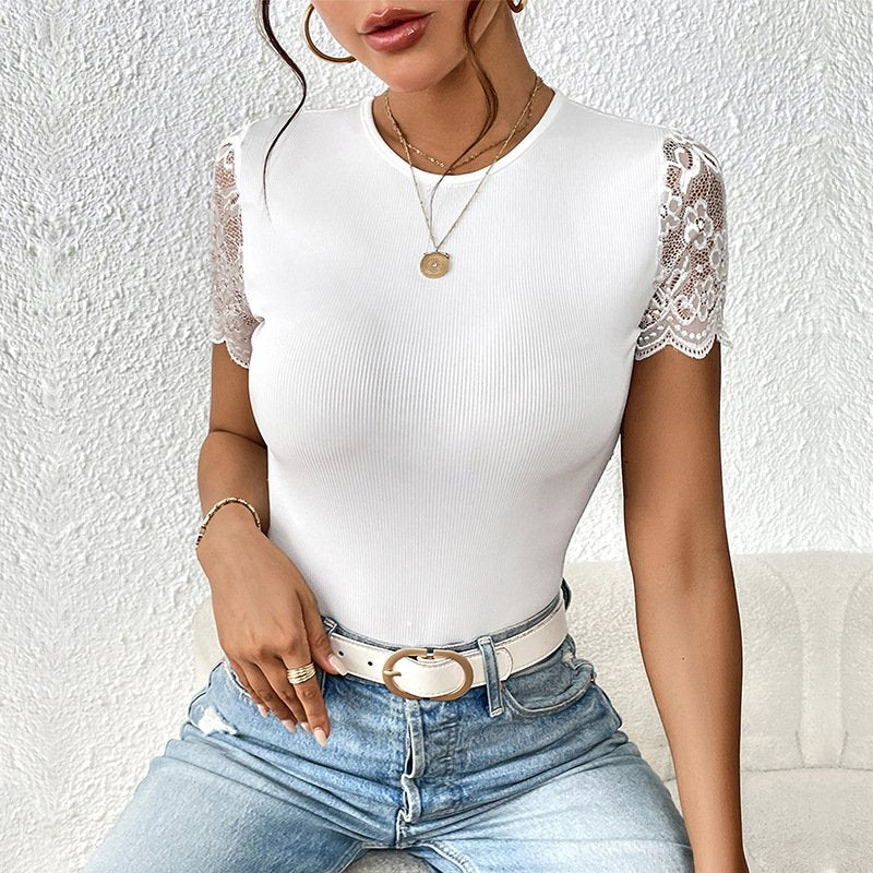 Lace Bodysuit With Short Sleeves And No Neckline