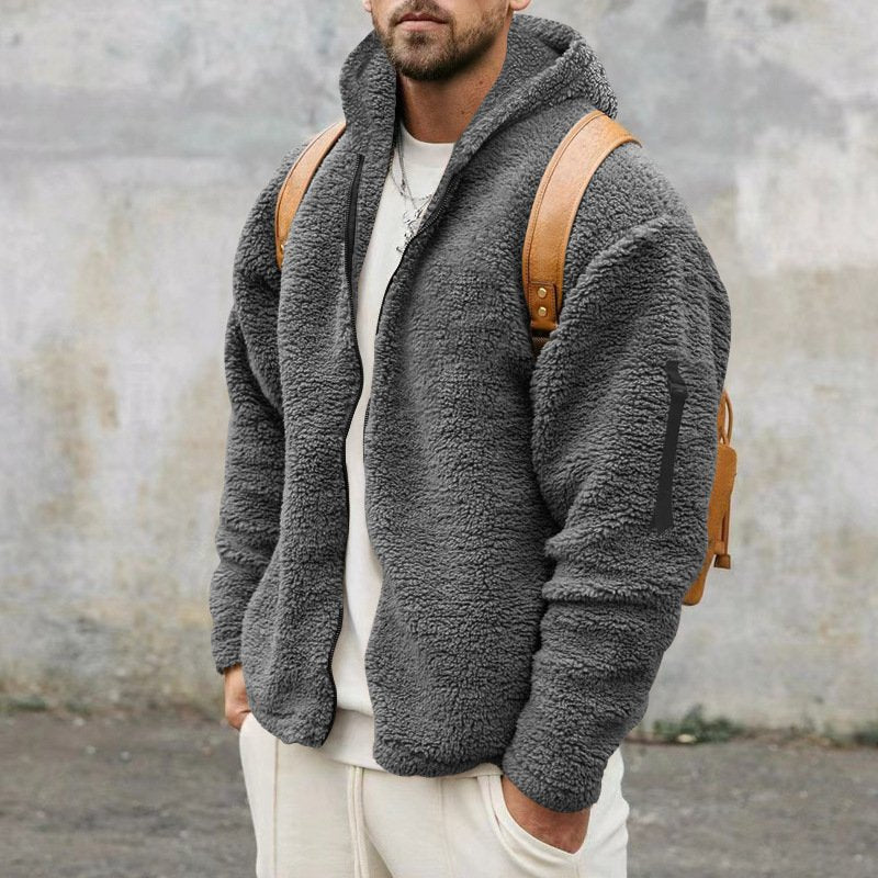 Men's Double Faced Fleece Warm Jacket Loose Hooded Casual Jacket