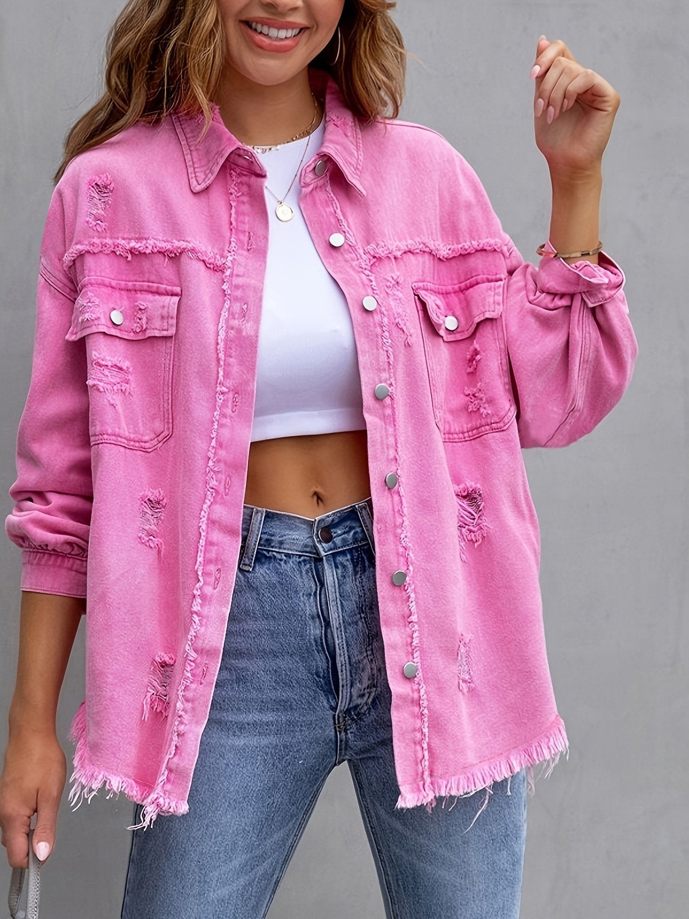 Long Sleeved Jeans Jacket With Holes In Solid Color