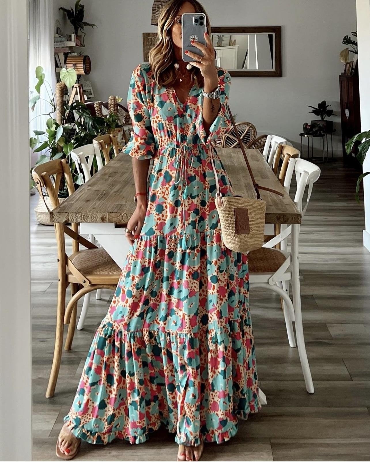 V Neck Bohemian Print Oversized Dress