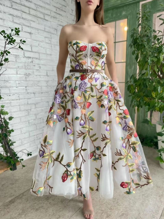 One shoulder strapless embroidered mesh long skirt