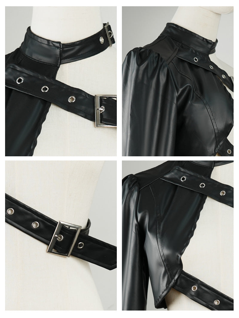 Black punk single shoulder PU leather jacket