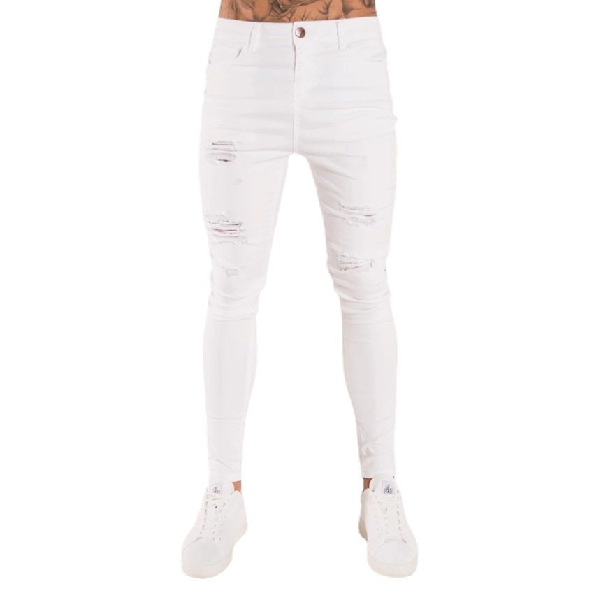 White Torn Slim High Waisted Jeans For Men