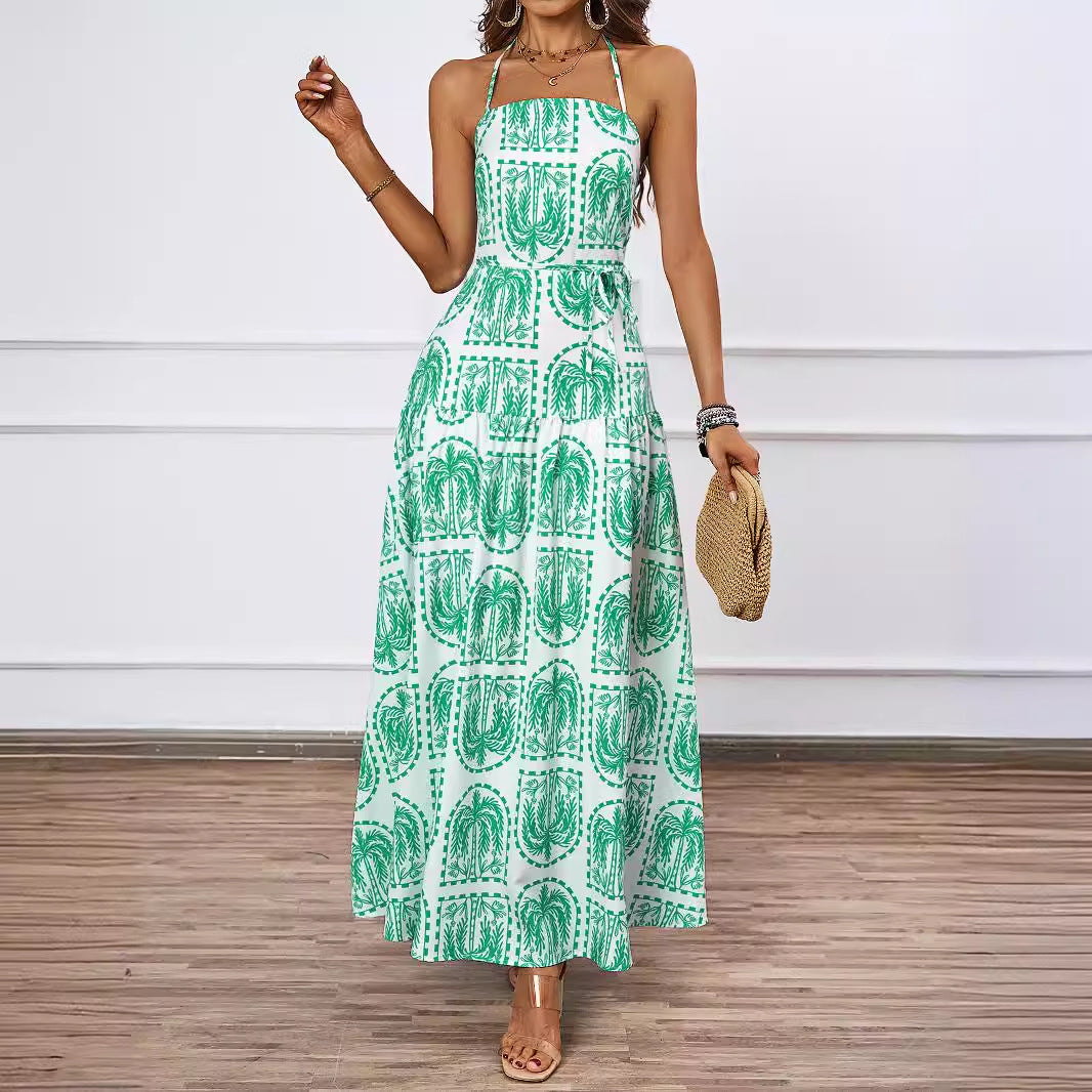 Summer neck print beach vacation dress