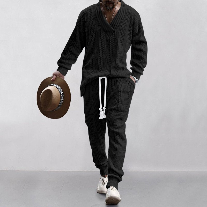 Men's Casual Set Pants V Neck Sweater