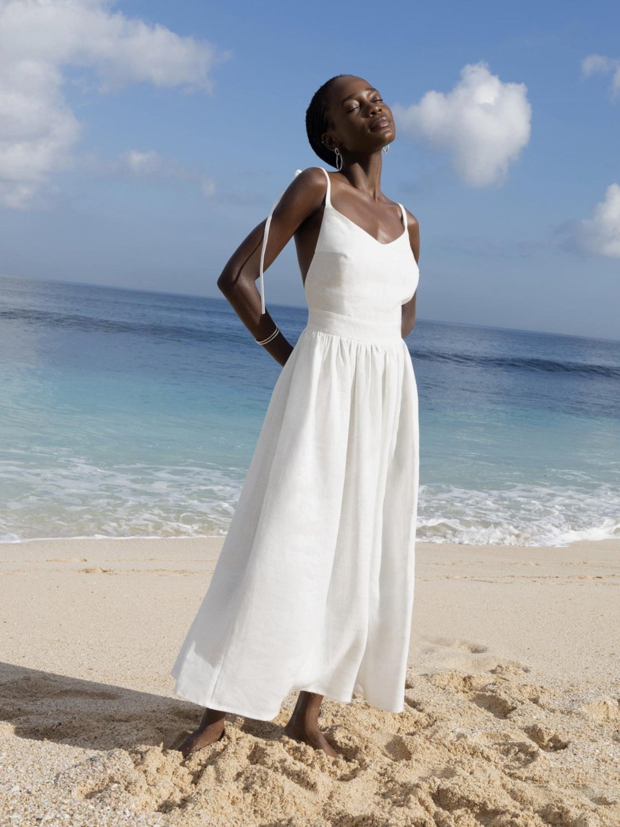 V-Neck Linen Slip Dress With Straps And Open Back