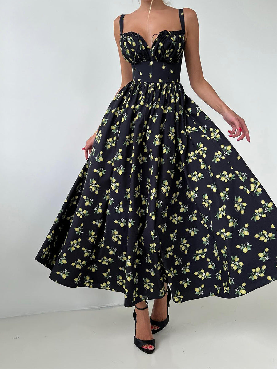 Split waist cinched lace up printed dress