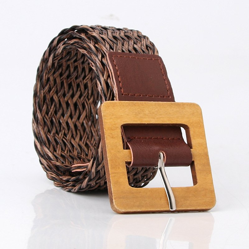 Braided Belt With Square Wooden Buckle