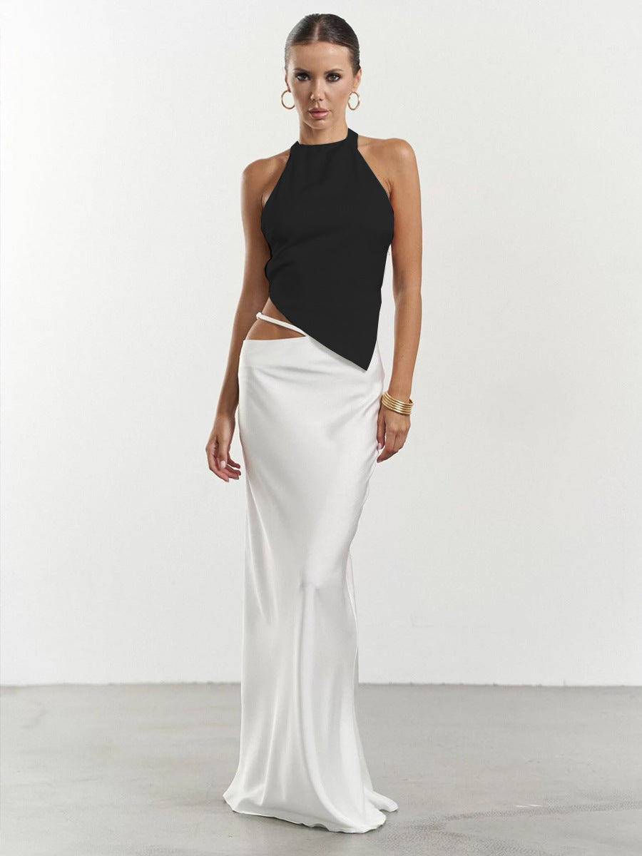 Solid color neck hanging backless strapless top