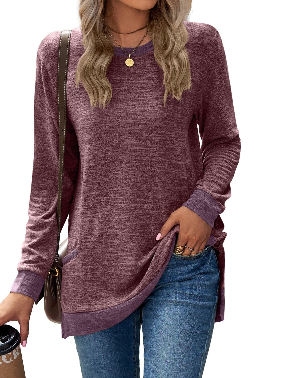 T-Shirt With Round Collar And Matching Color Pockets And Long Sleeves