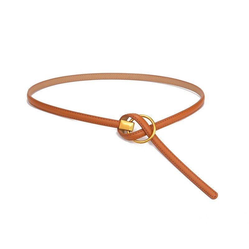 Thin Genuine Leather Belt with Bronze Circular Tie Knot