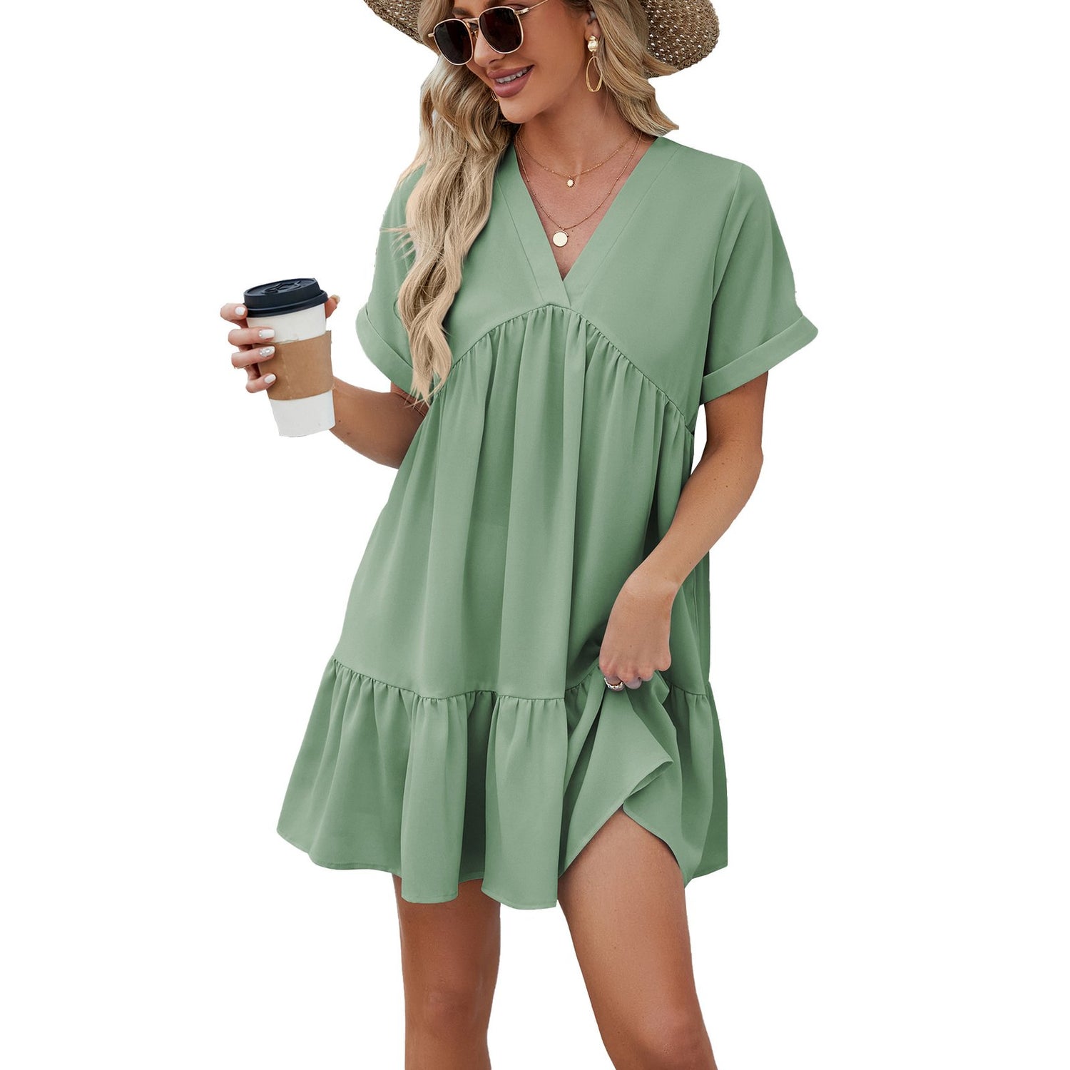 V-Neck Loose Pleated Dress