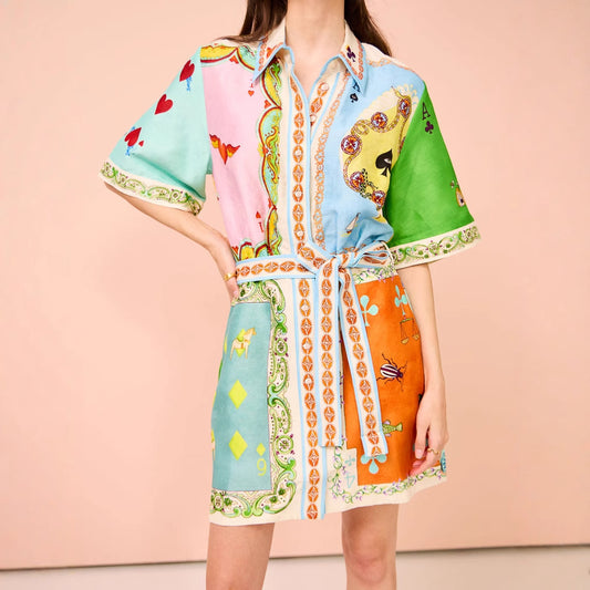 Printed vacation collar and waist cinching dress