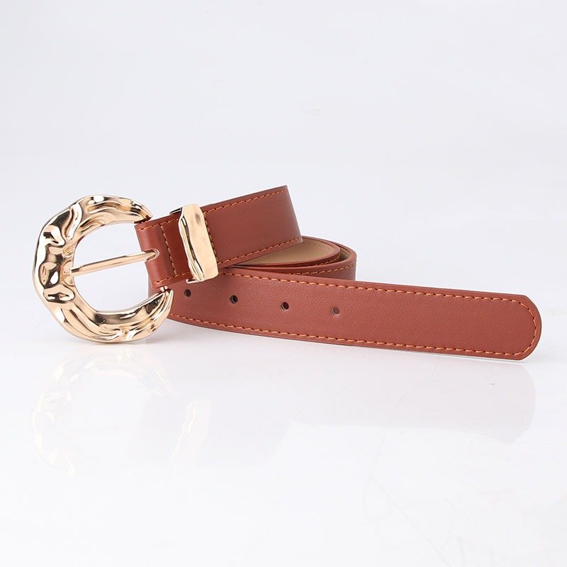 Belt With Engraved Concave And Convex Golden Buckle