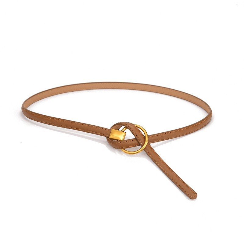 Thin Genuine Leather Belt with Bronze Circular Tie Knot