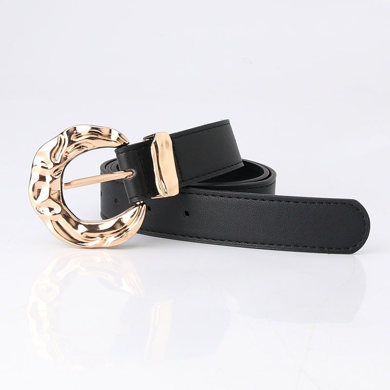 Belt With Engraved Concave And Convex Golden Buckle