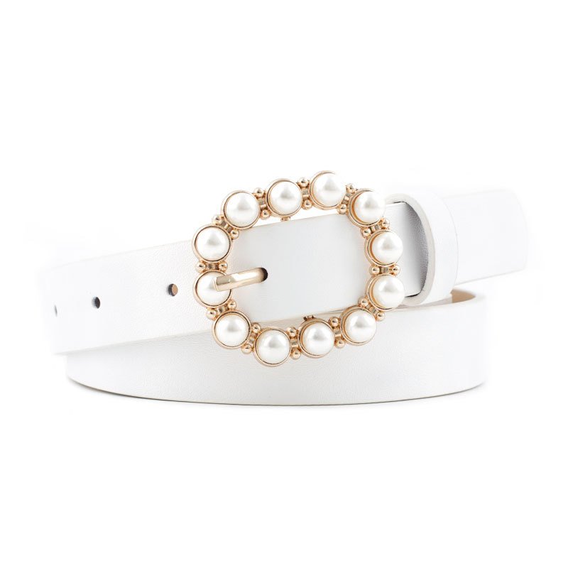 Leather Pearl Belt Ladies With Fashionable Japanese Word Buckle Belt