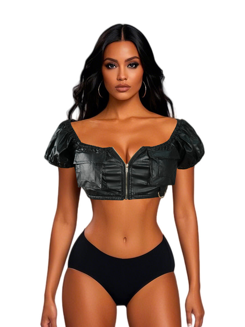 Sexy one shoulder PU leather strapless top