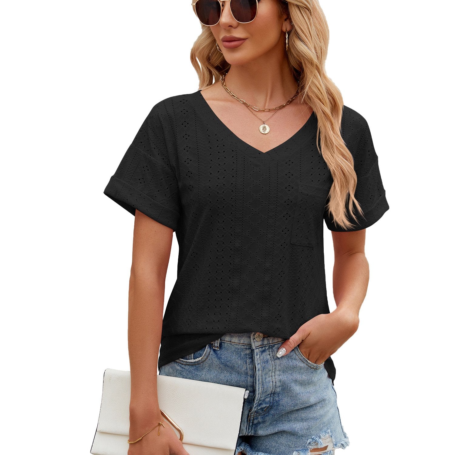 Solid Color Pocket V Collar Loose Short Sleeved T-Shirt Jacket Lady