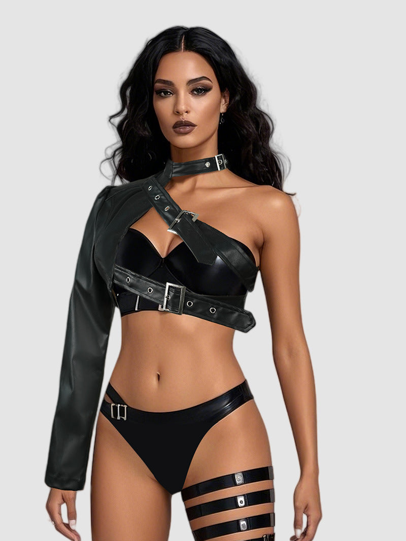 Black punk single shoulder PU leather jacket
