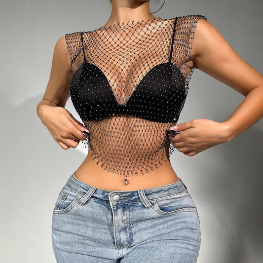 Fishing net sparkling diamond cover shirt