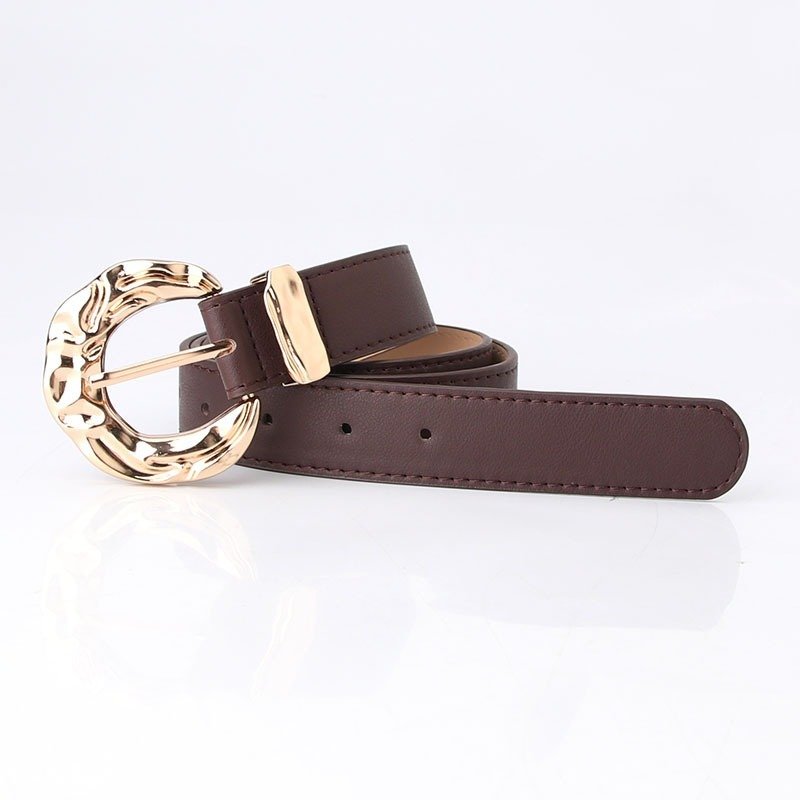 Belt With Engraved Concave And Convex Golden Buckle