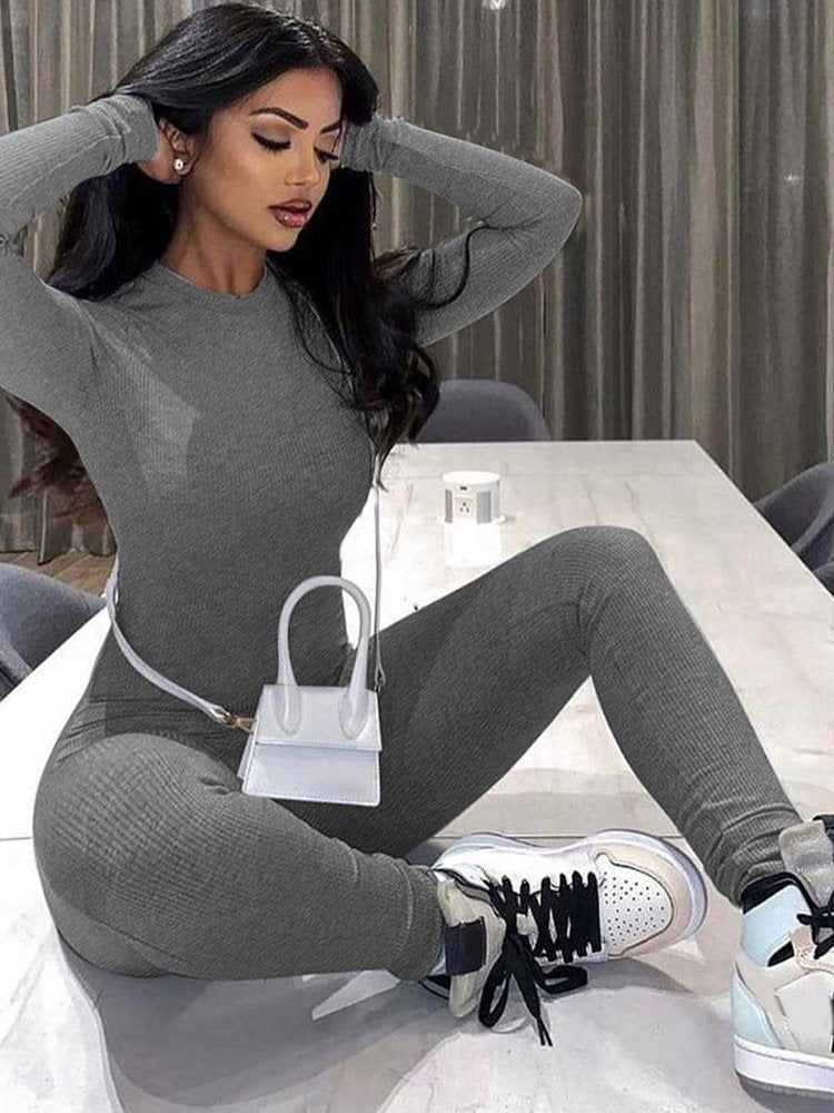 Jumpsuits Women's Fitness Yoga Exercise Leggings Long Sleeve Crew Neck