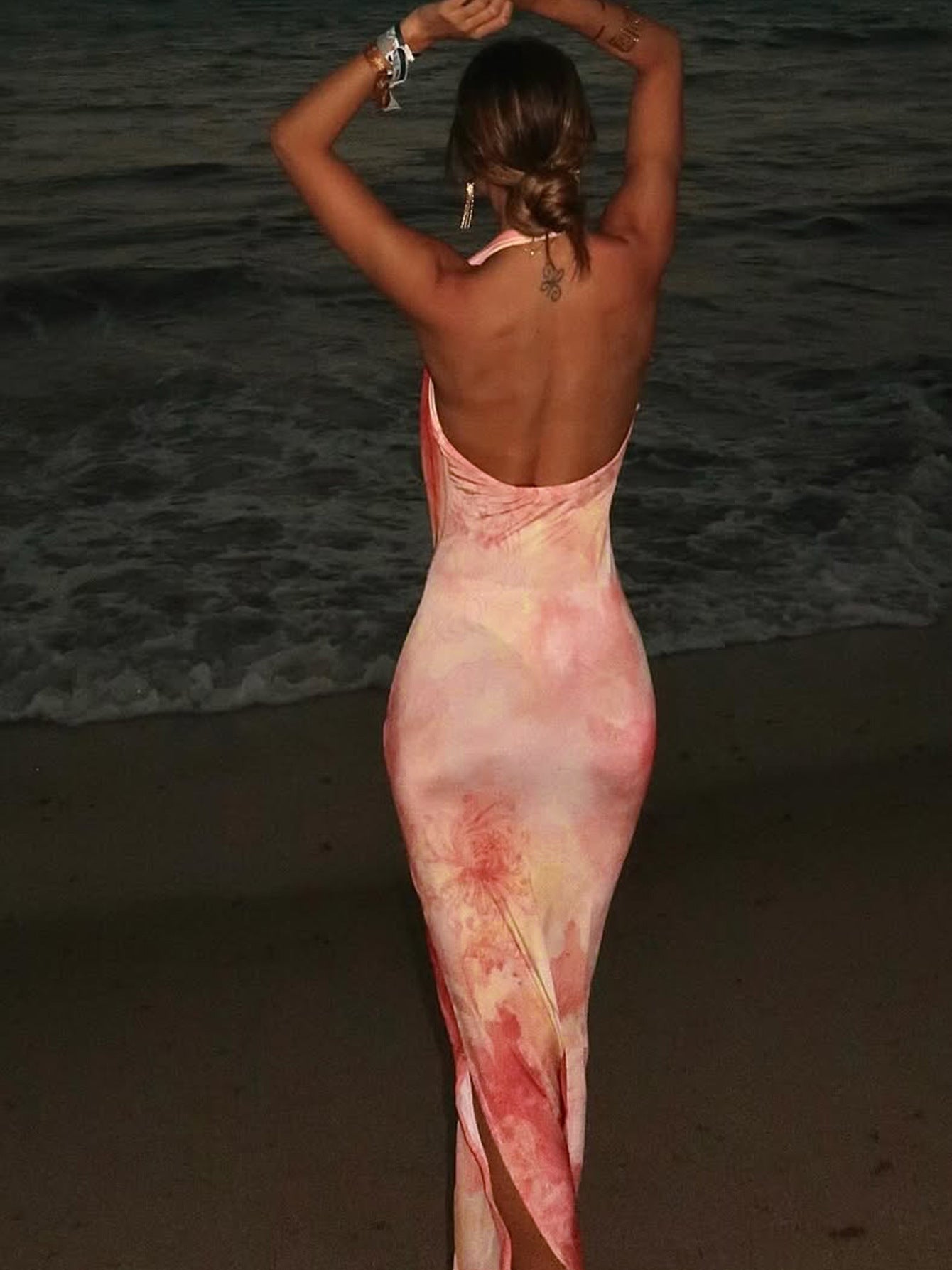 Fashionable printed deep V-slit dress