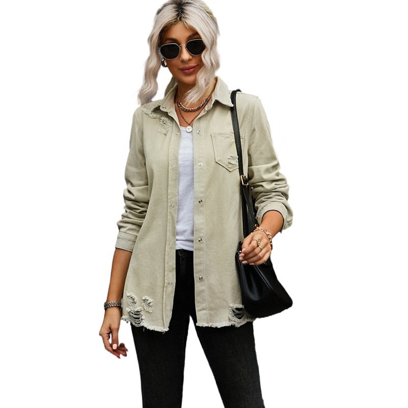 Long Sleeve Jacket With Distressed Long Sleeve Solid Color