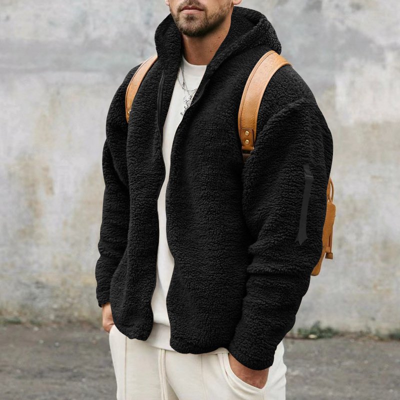 Men's Double Faced Fleece Warm Jacket Loose Hooded Casual Jacket