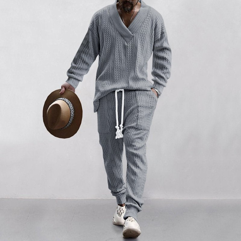 Men's Casual Set Pants V Neck Sweater