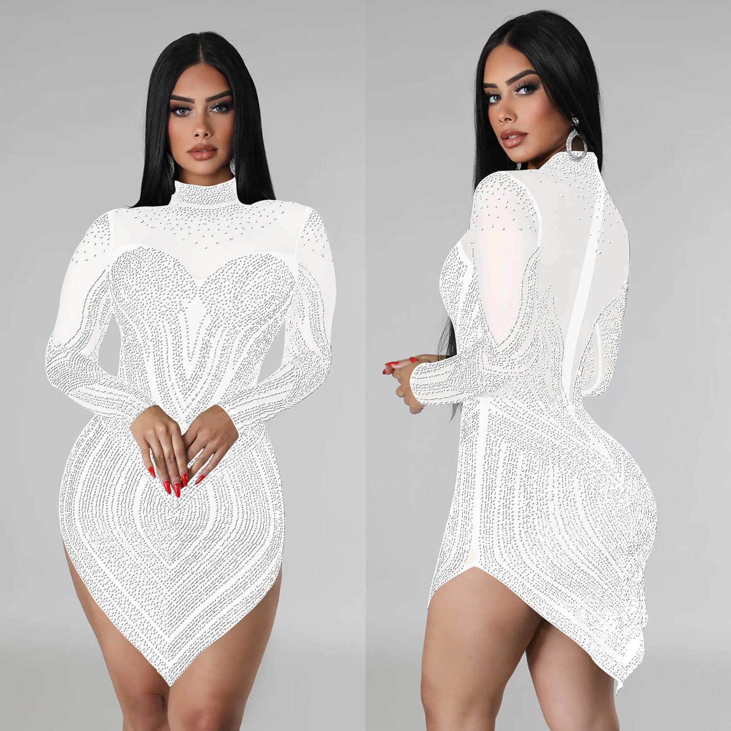 Mesh Diamond Long Sleeved Short Dress