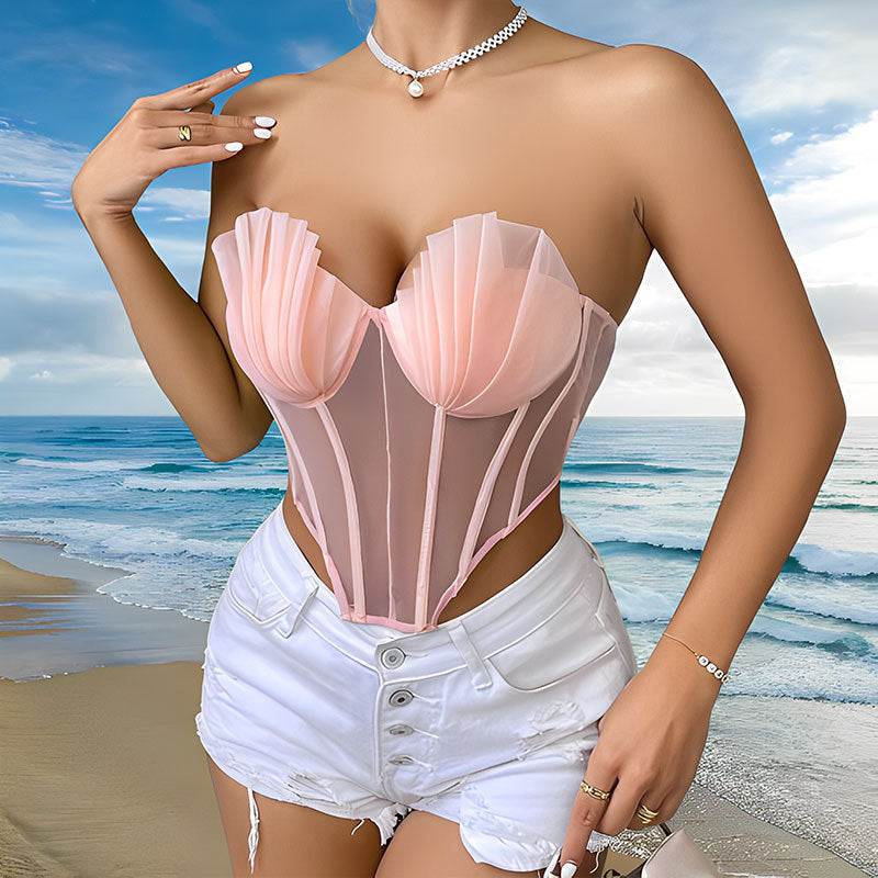 Shell three-dimensional mesh multi-layer strapless top