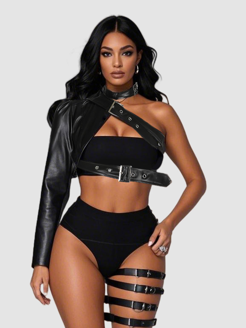 Black punk single shoulder PU leather jacket